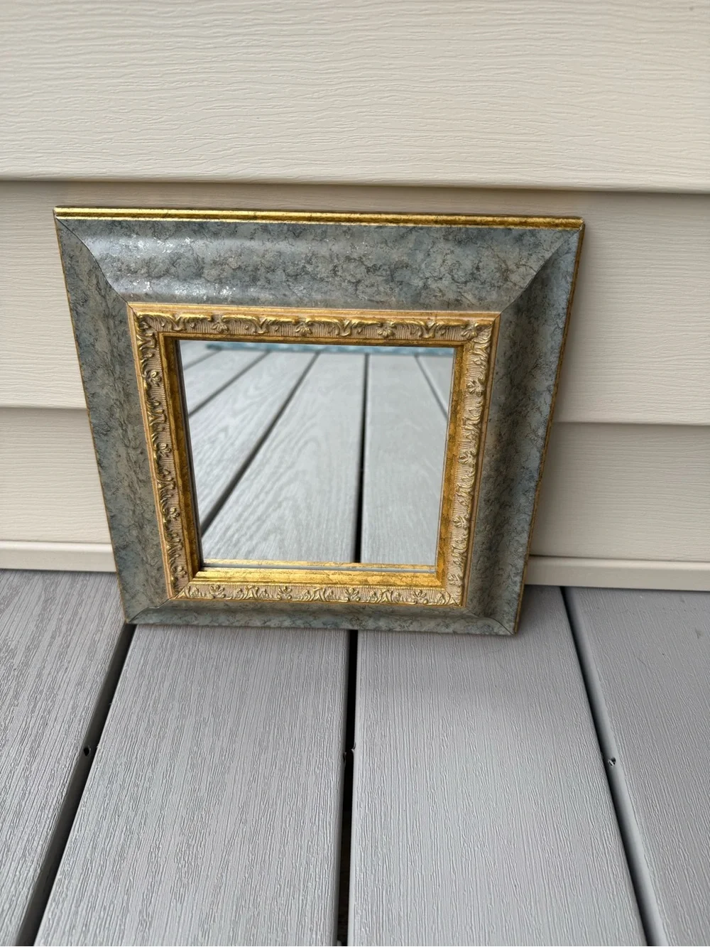 Ornate Gold Antiqued Silver Square Wall Mirror 10” Vintage Style